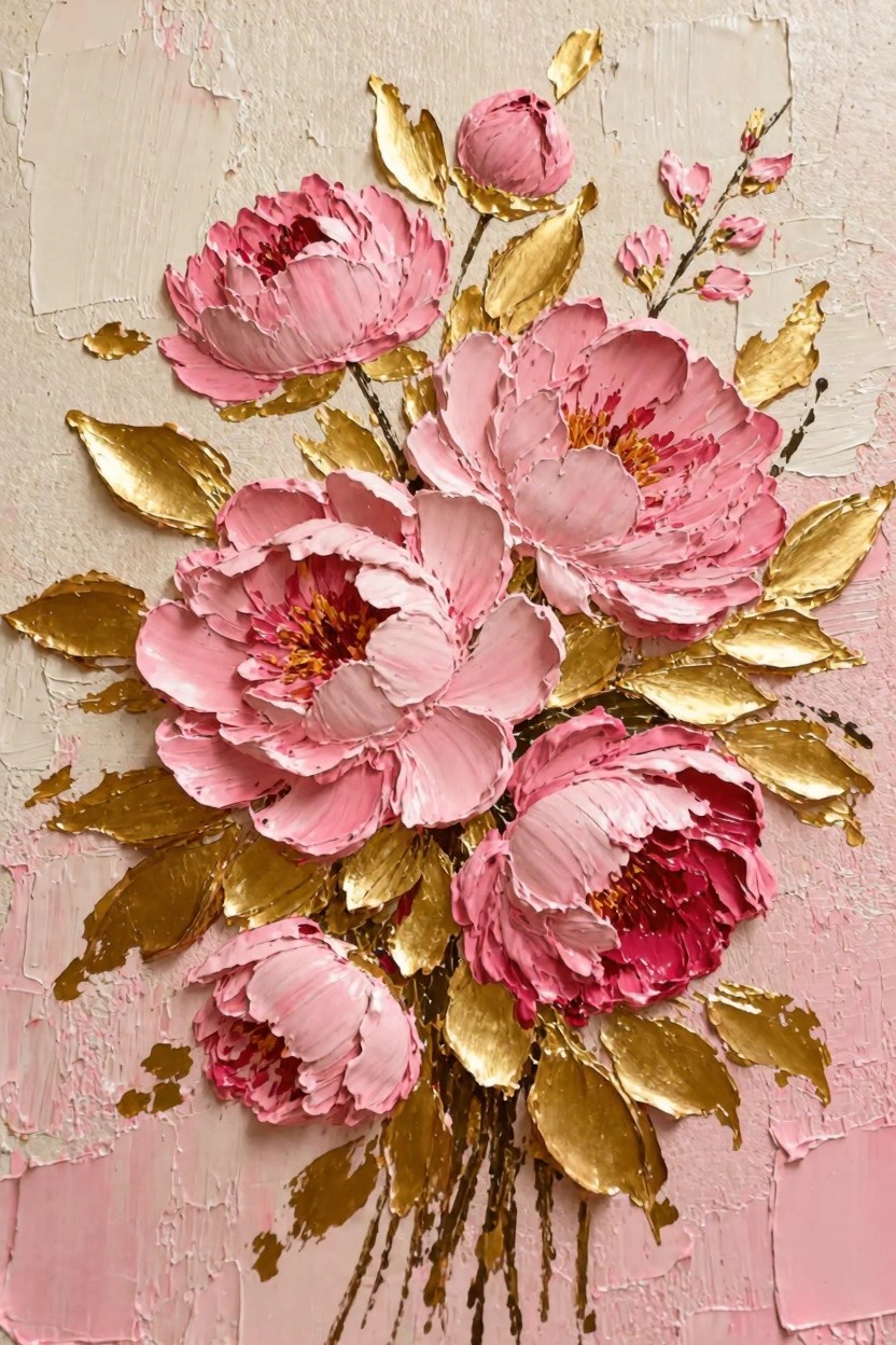Impasto oil painting of clustered pink peonies with gold leaves and stems on a textured beige-pink background.