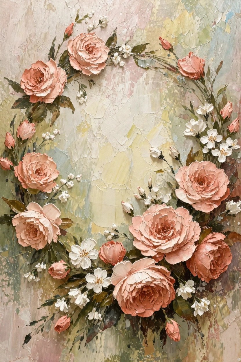Oil painting of a textured circular wreath made from peach roses and small white flowers against a blended pastel background.