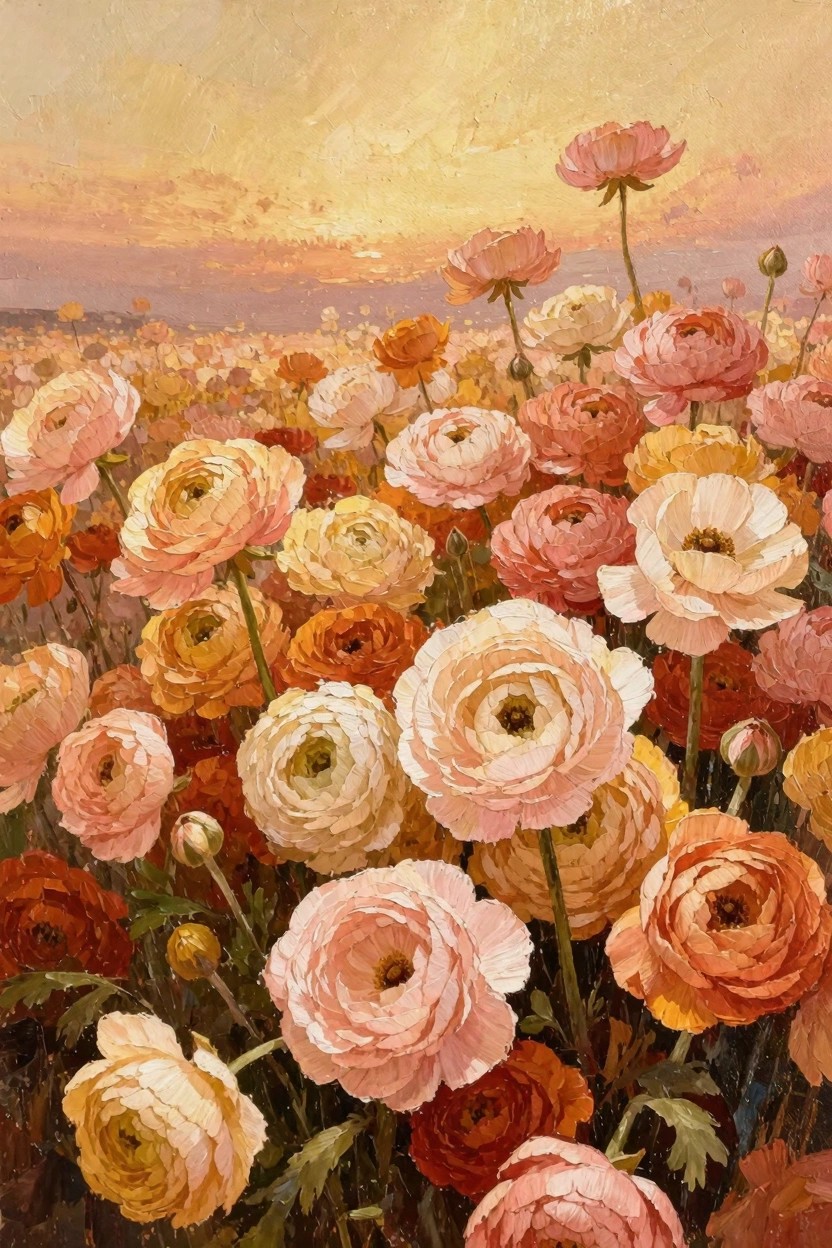 Oil painting depicting a vast field of multicolored ranunculus flowers in pink, peach, orange, and white under a golden sunset sky.