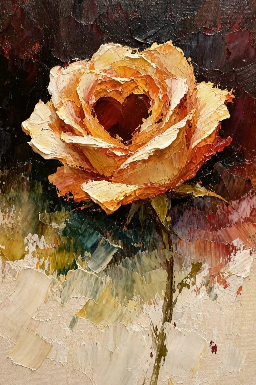 Oil painting of a textured peach-orange rose with a red heart shape inside the petals on a dark gradient background.