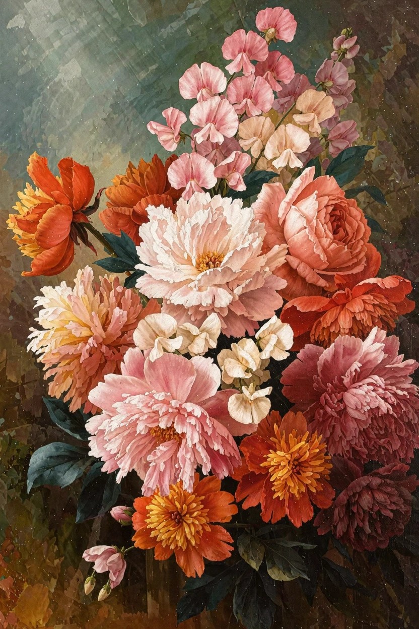 Detailed oil painting of a lush bouquet with peonies in white, pink, and orange, roses, sweet peas, and leaves on a dark green background.