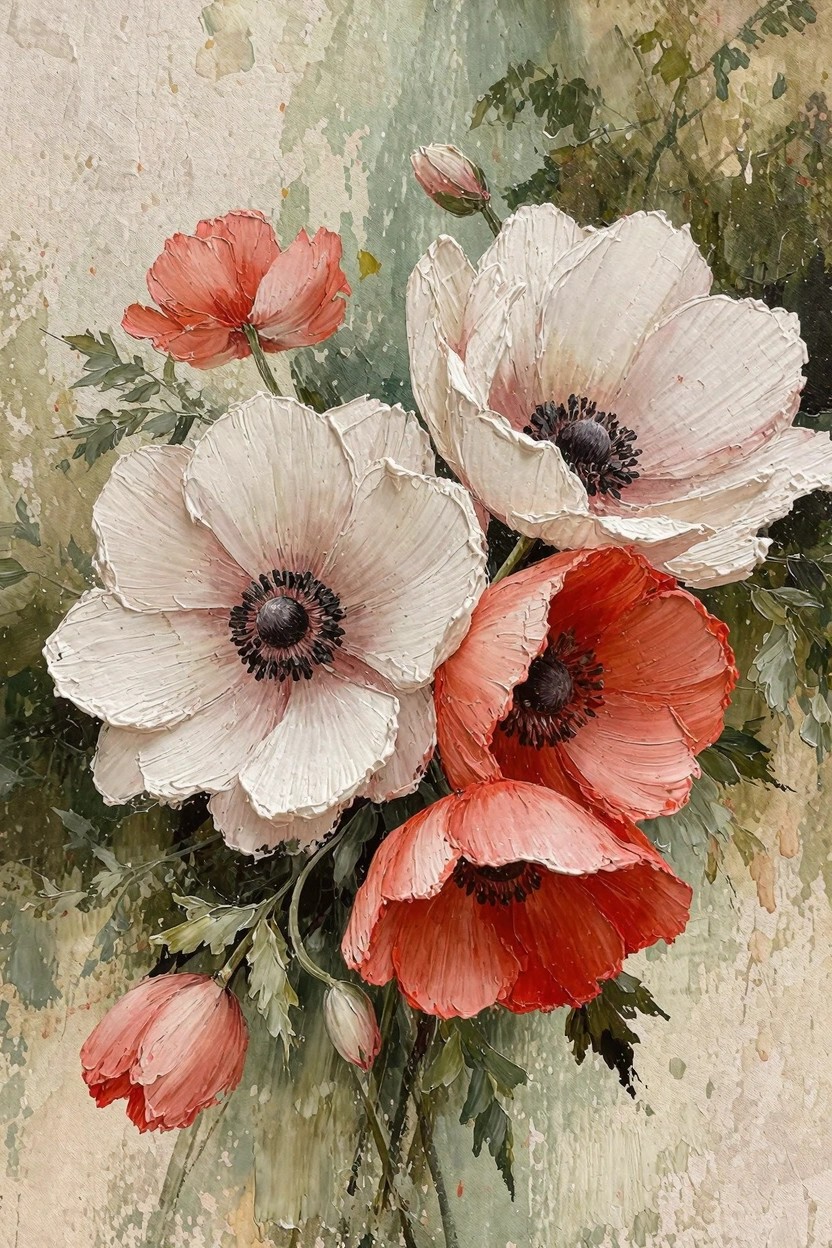 Oil painting featuring white anemones, coral poppies, green stems, and leaves on a textured greenish-beige background.