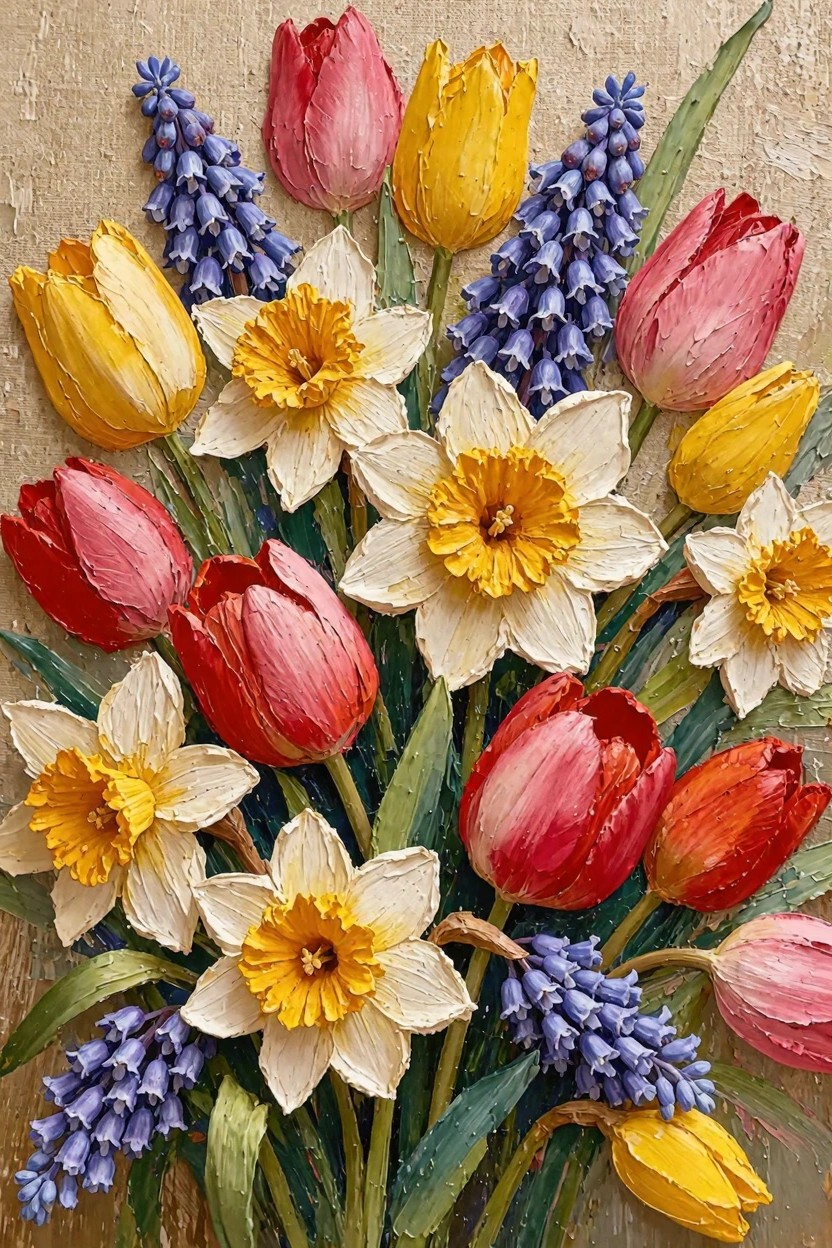 Textured oil painting of a bouquet with red pink and yellow tulips white and yellow daffodils blue hyacinths stems and leaves on a beige background.