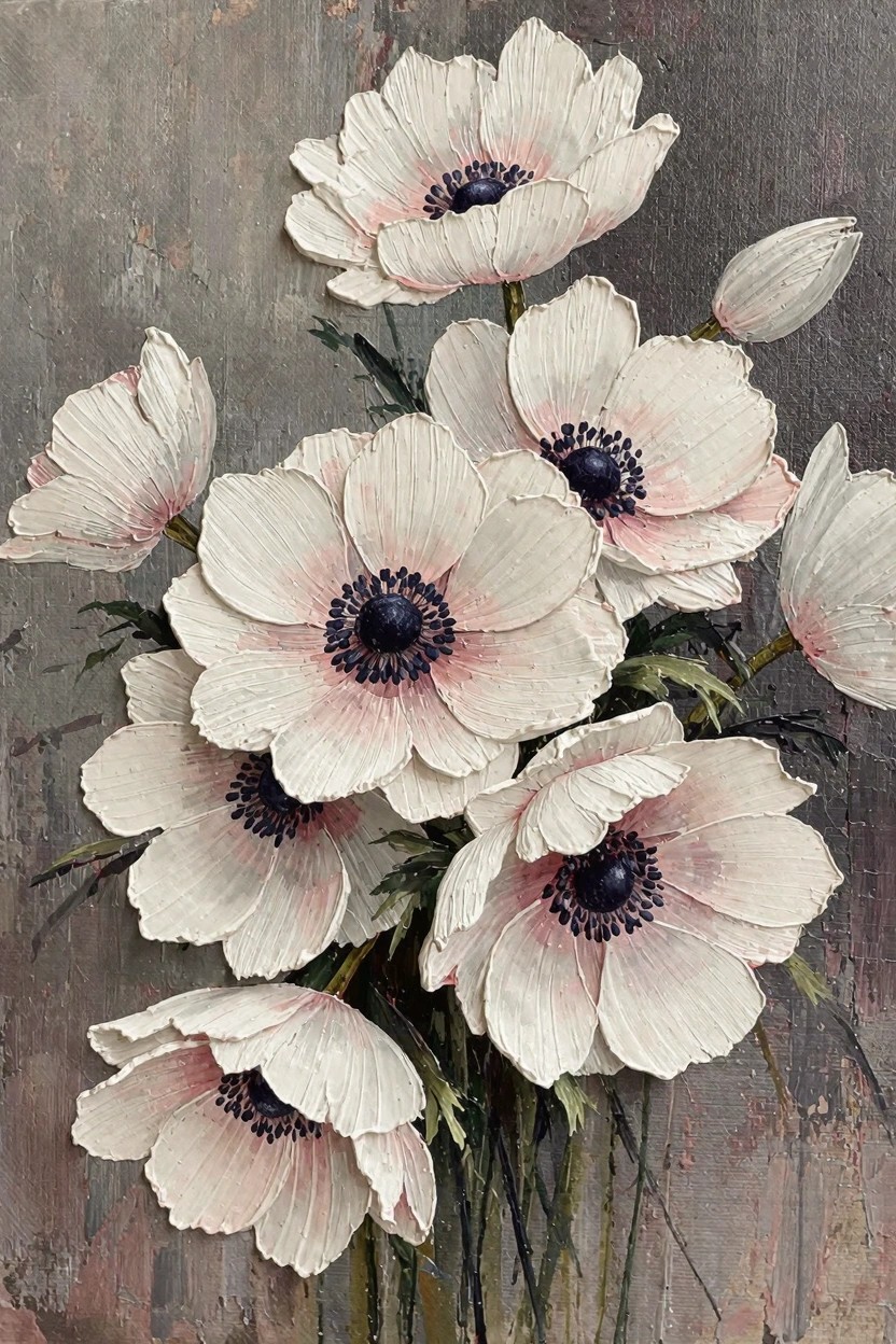 Oil painting of clustered white anemone flowers with black centers, green stems, and leaves on a textured gray background.