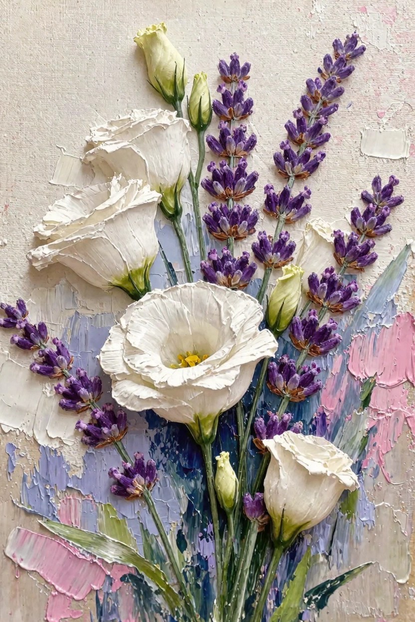 Oil painting of clustered white anemone flowers and lavender stems with heavy impasto texture on a beige-pink-blue background.