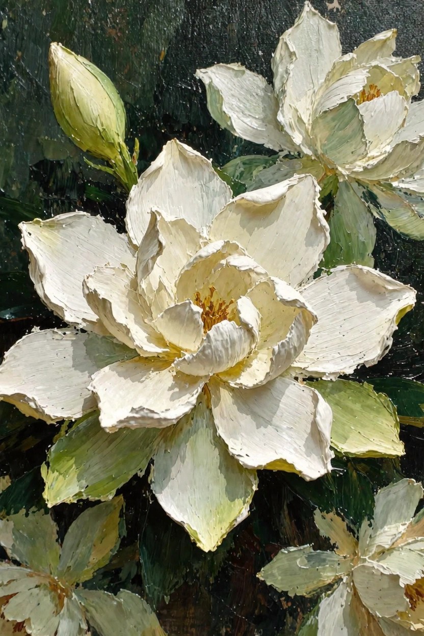 Oil painting of white gardenia flowers with thick impasto petals, buds, and green leaves on a dark green background.