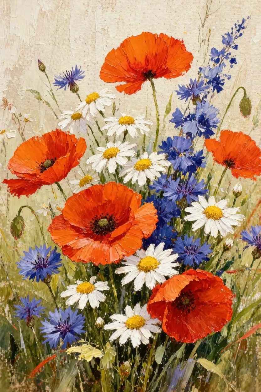 Oil painting of red poppies, white daisies, and blue cornflowers clustered in a bouquet against a textured beige background.