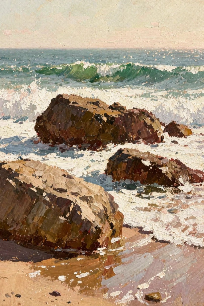 Oil painting of turquoise waves crashing over textured brown rocks on a sandy beach with a sunlit ocean horizon.