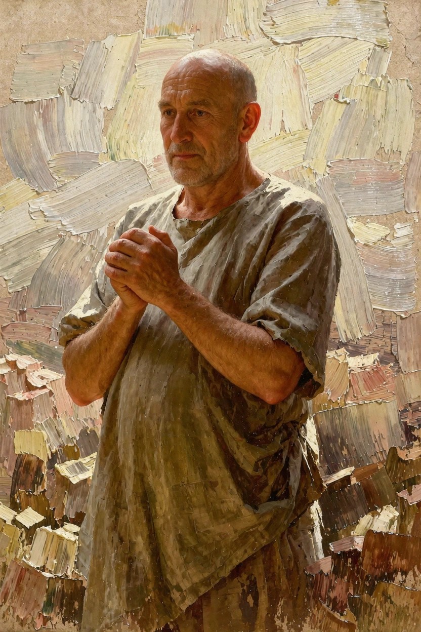 Oil painting of a bald older man with gray beard, hands clasped in prayer, simple tunic, textured earthy background.