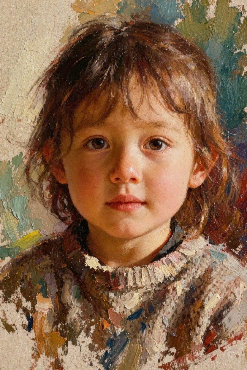 Oil painting of a young girl's face with curly brown hair and colorful sweater against a textured, multicolored background.
