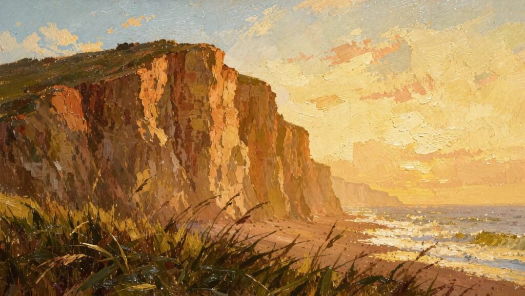 21 Inspiring Canvas Oil Painting Ideas To Revitalize Your Studio Oil painting of grassy cliffs overlooking waves at sunset with a warm orange-yellow sky and textured brushwork.