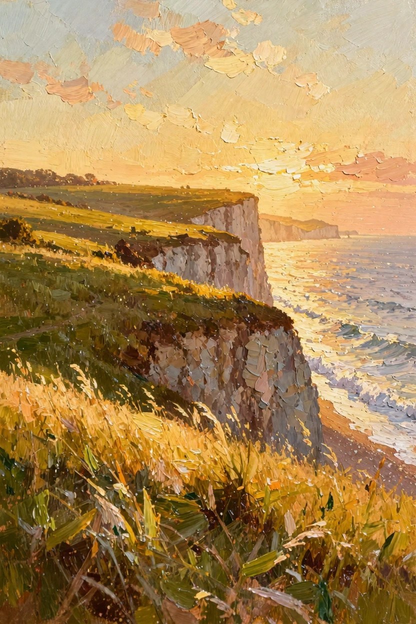 Oil painting of grassy cliffs overlooking waves at sunset with a warm orange-yellow sky and textured brushwork.