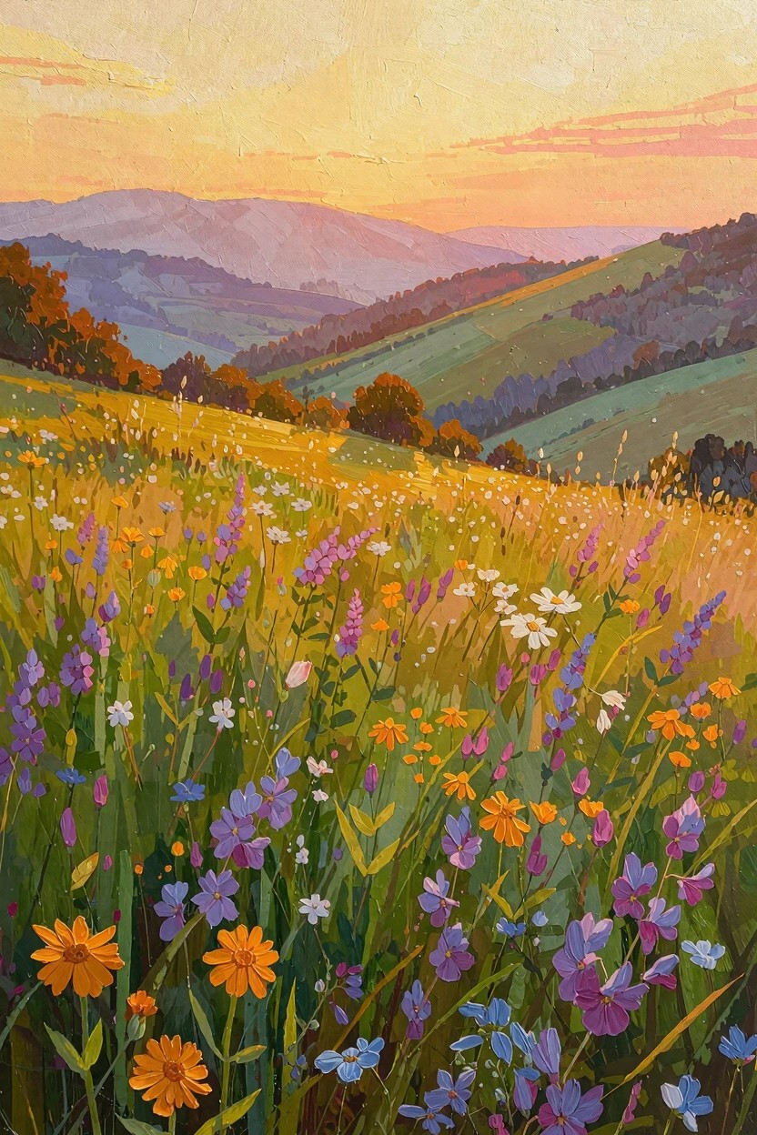 Oil painting of wildflowers on a hillside with rolling green hills, trees, and mountains under a sunset sky.