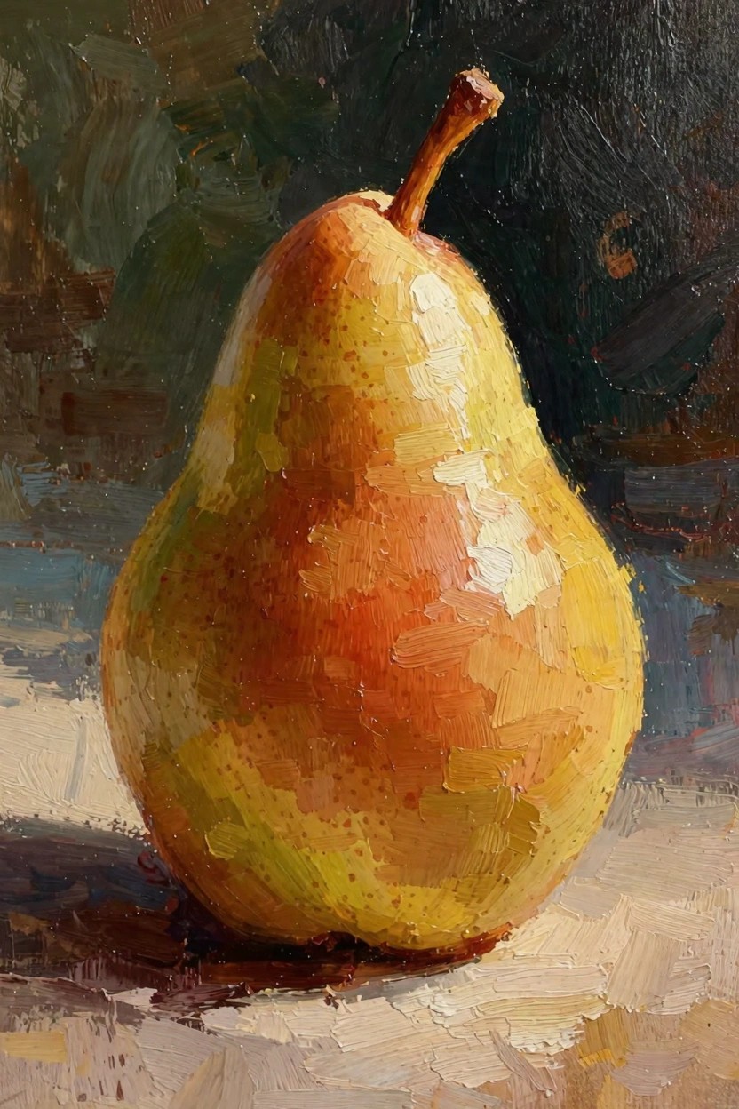 Oil painting of a yellow-orange pear with stem sitting on a light surface, shadowed against a dark background.