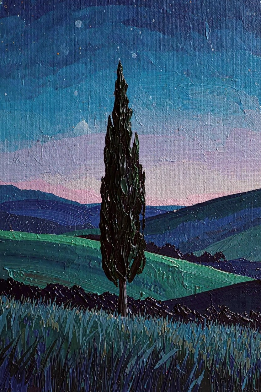 Oil painting of a tall dark cypress tree in green wavy fields under a starry blue-to-purple twilight sky with distant rolling hills.