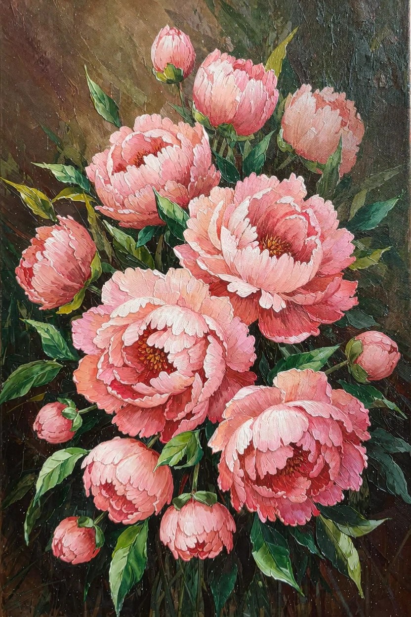Oil painting of numerous pink peonies in different bloom stages with green leaves against a dark textured background.