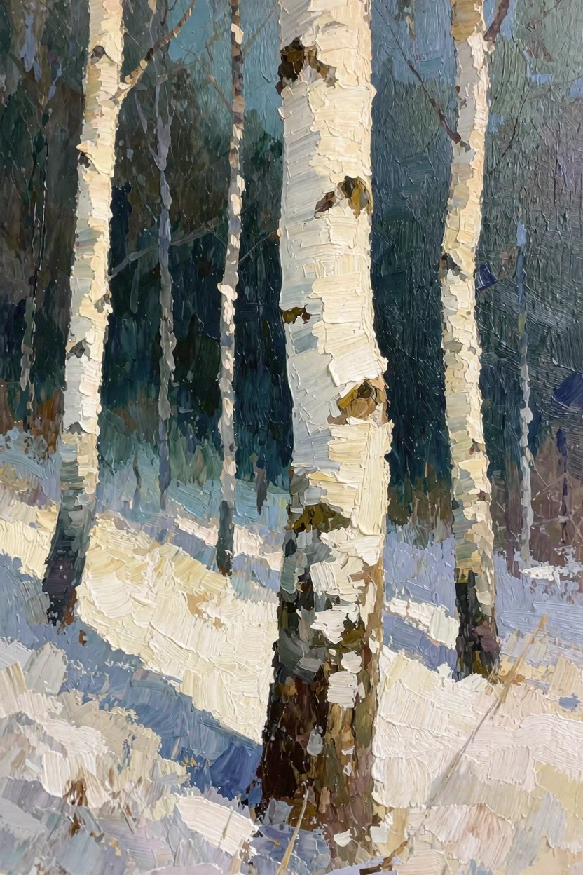 Oil painting of white birch trees with textured bark in a snowy forest, dark evergreens in background, blue shadows and yellow sunlight on snow.