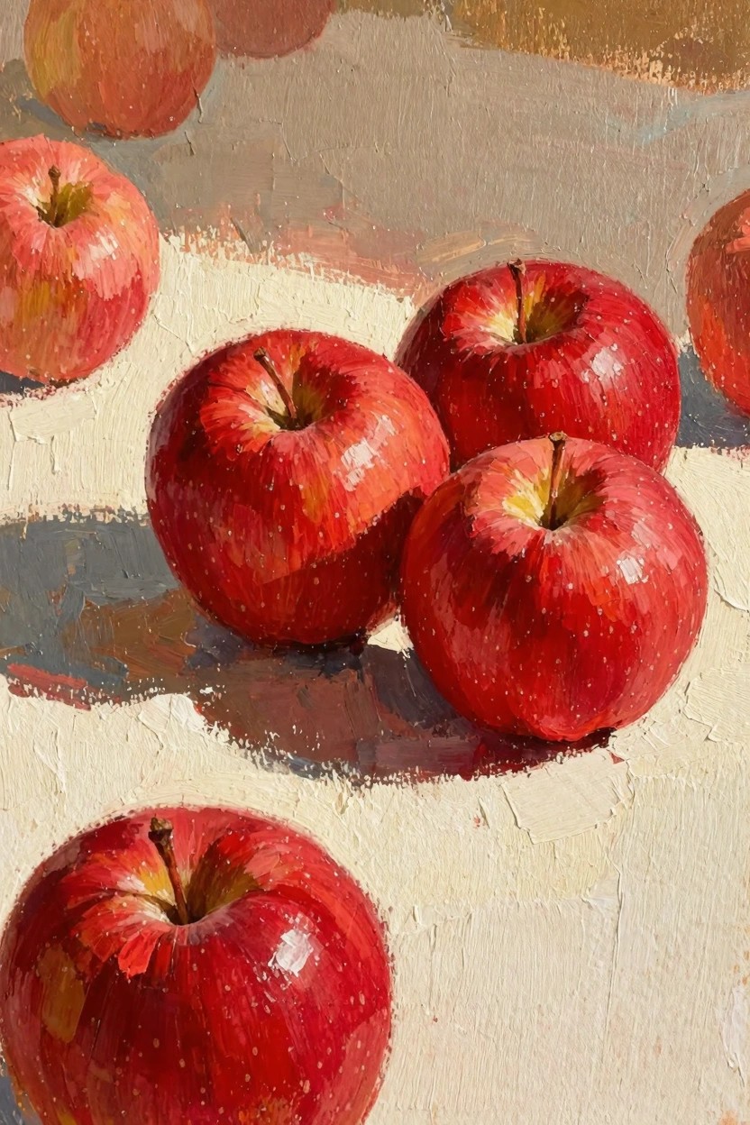 Oil painting of several glossy red apples clustered on a light textured surface with soft shadows and warm highlights.