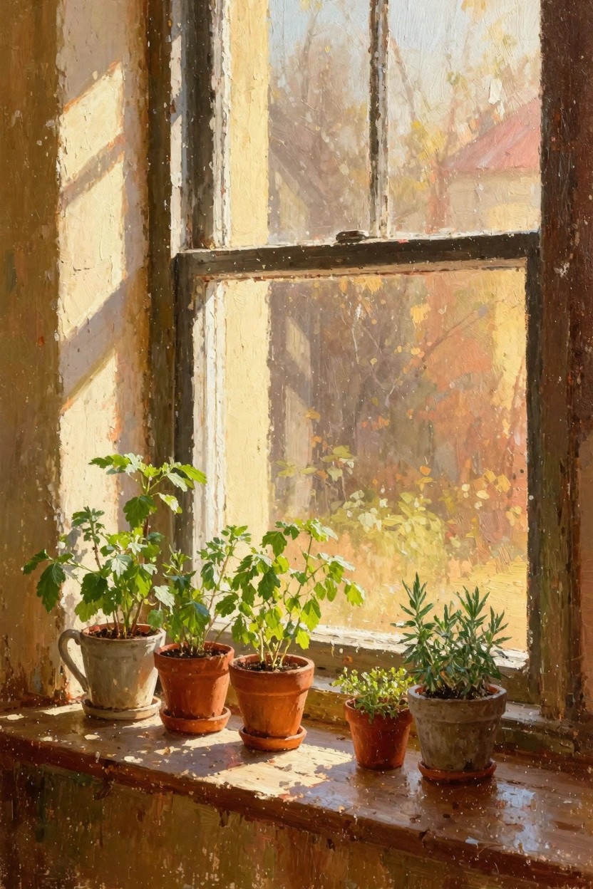 Oil painting of green potted plants on a sunlit wooden windowsill inside an old room, viewed through a weathered window with autumn trees outside.