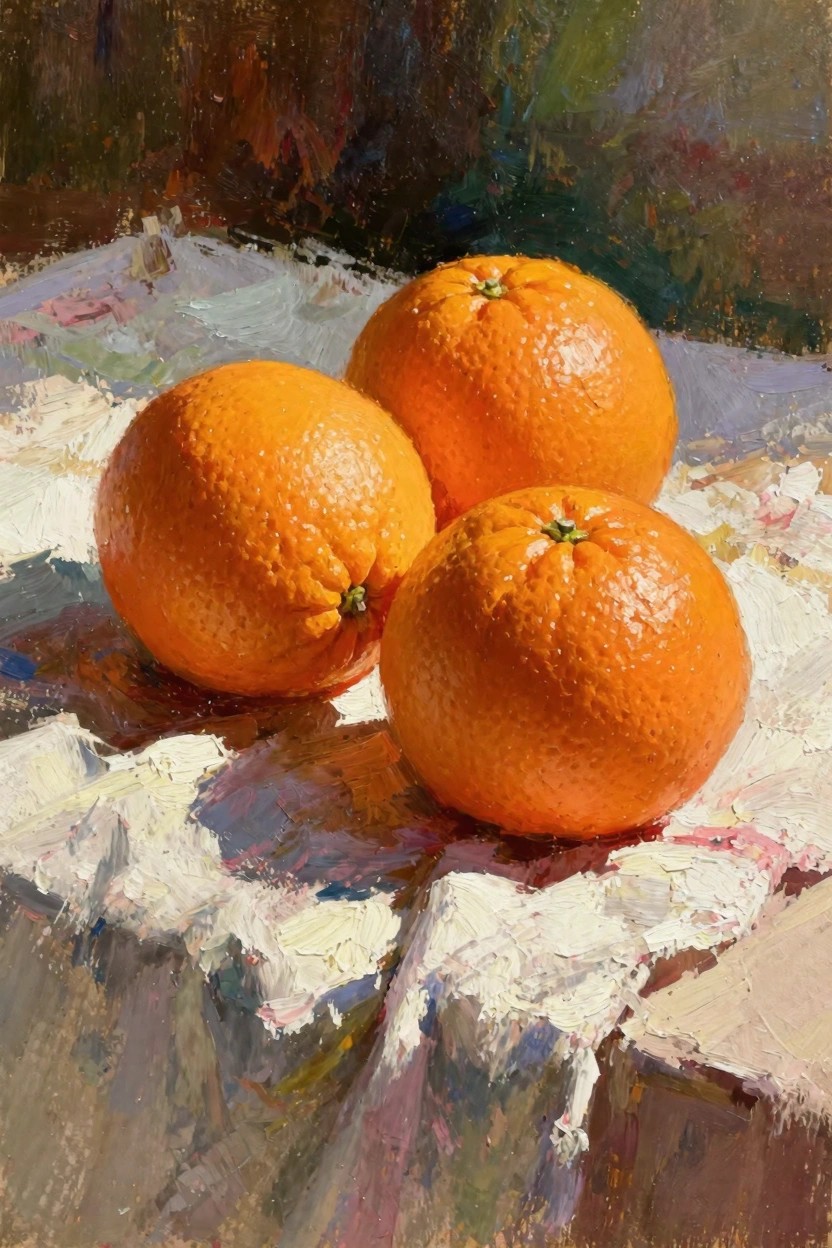 Oil painting of three textured oranges on white cloth with shadows and warm highlights against a dark background.