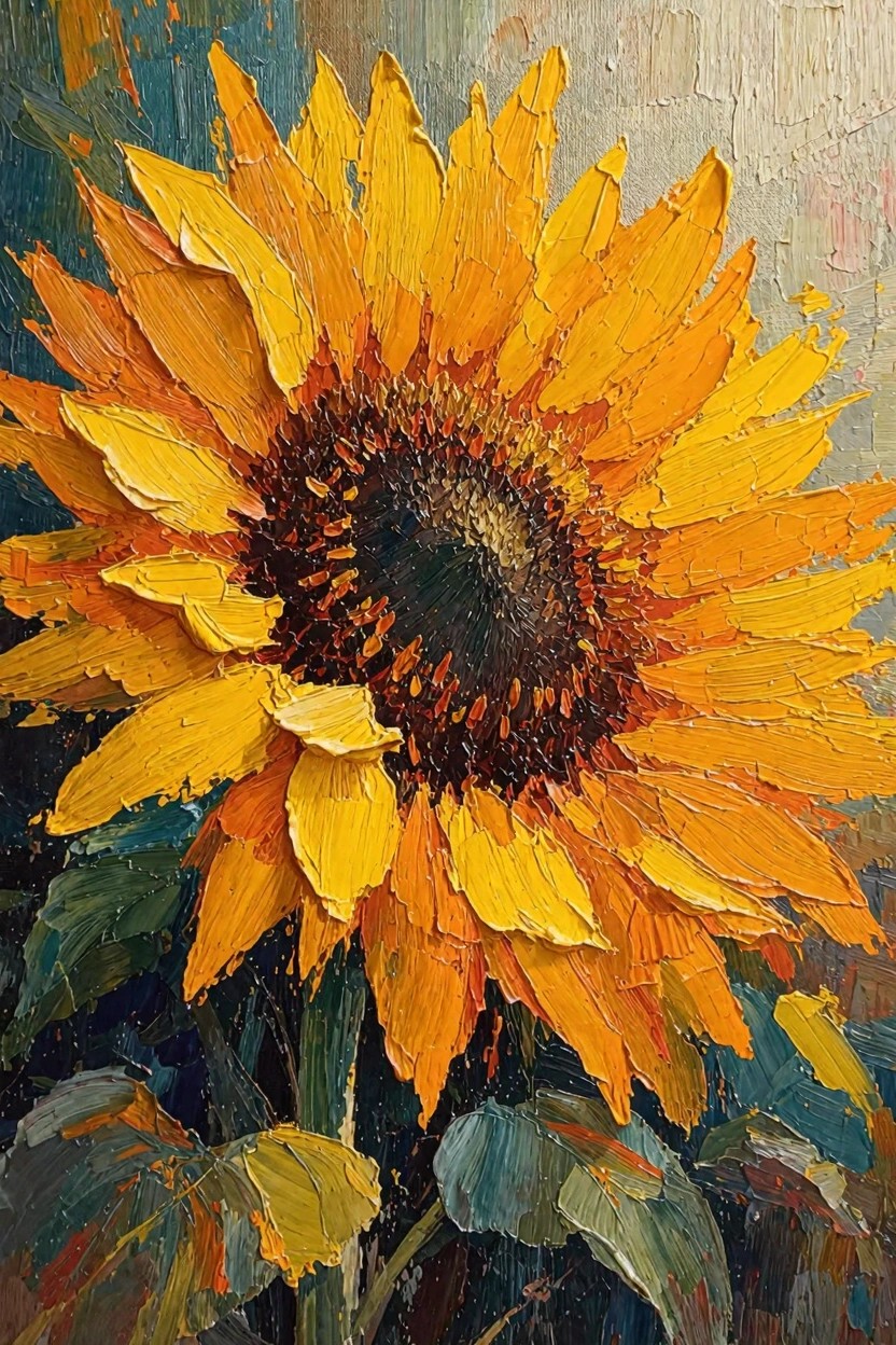 Oil painting of a close-up sunflower with thick textured yellow petals, dark brown center, green leaves, and blended background.