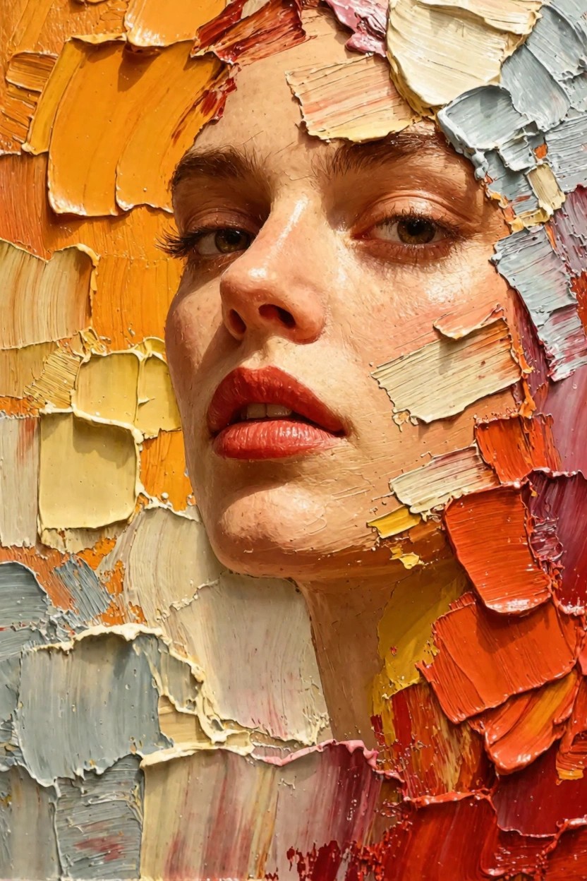 Close-up oil portrait of a woman's face constructed from thick, colorful impasto brushstrokes in oranges, yellows, reds, whites, blues, and grays.