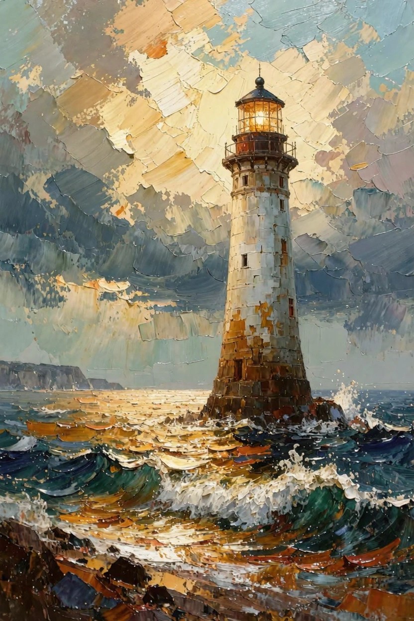 Oil painting of a tall white lighthouse on rocks surrounded by crashing waves under a stormy sky with golden lantern light.