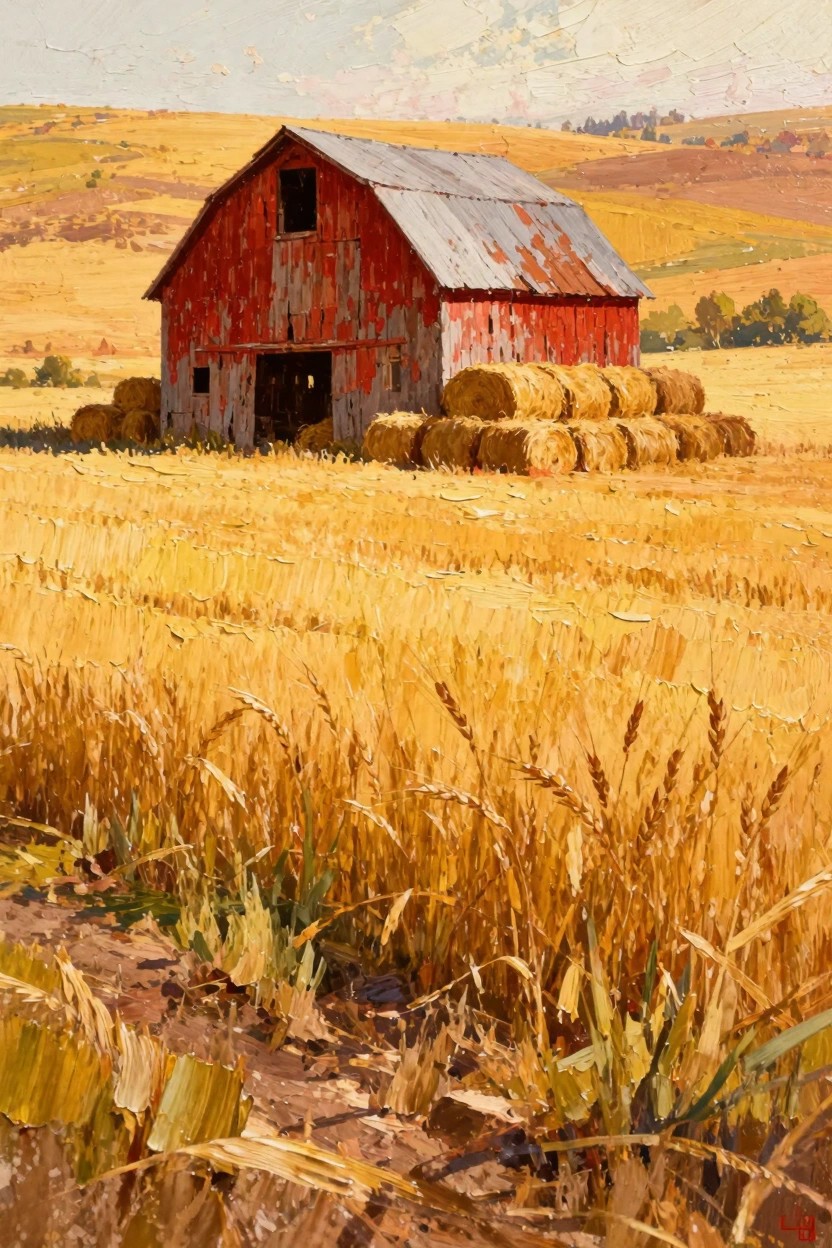 Oil painting of a weathered red barn with stacked hay bales beside it in a golden wheat field and rolling hills.