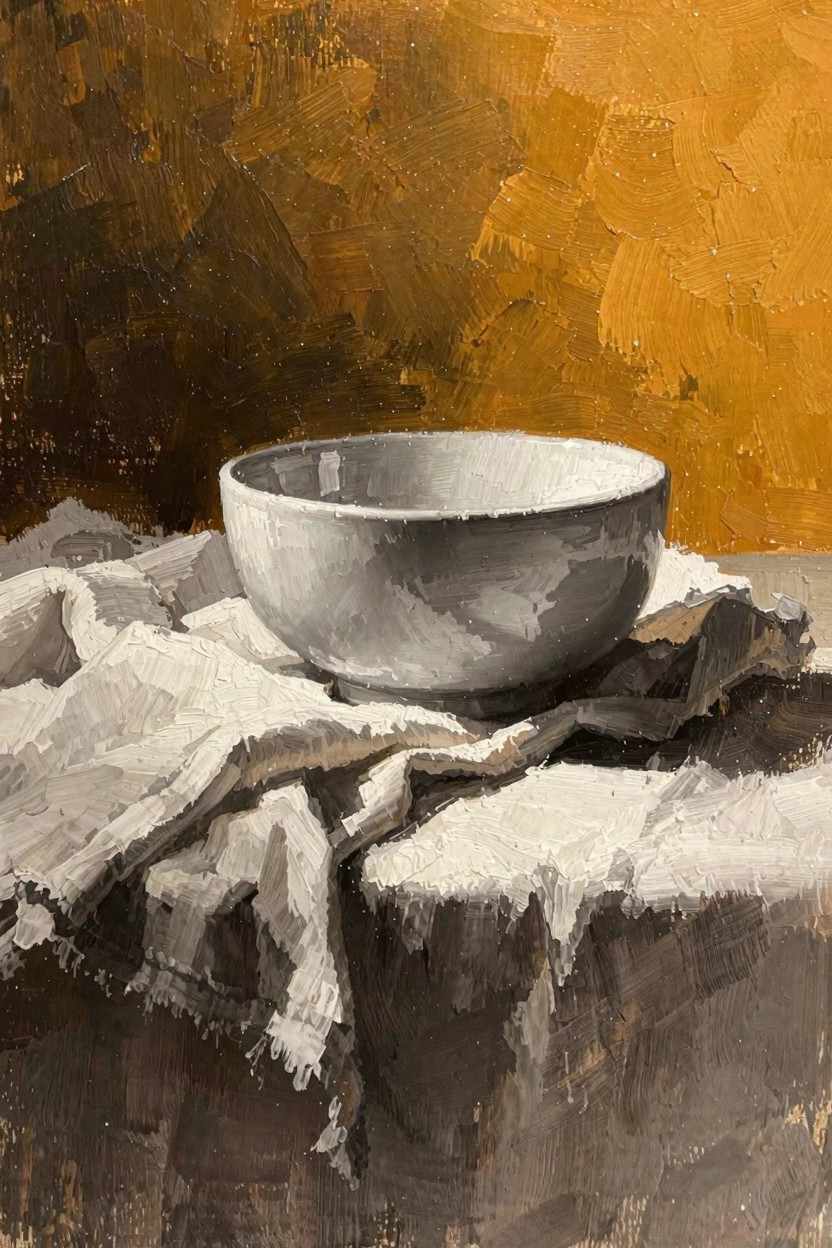 Oil painting of a white bowl on folded white cloth against a textured orange-brown background.