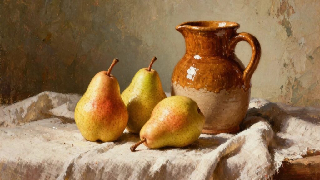 Oil painting of four pears in green and yellow tones beside a brown terracotta jug on white draped cloth with blurred earthy background.