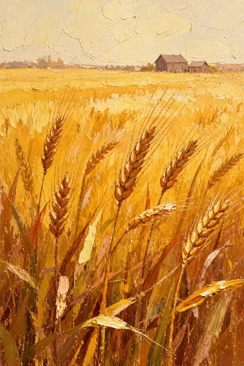Oil painting of golden wheat field in foreground leading to distant barns and fields under pale sky with textured impasto brushstrokes.