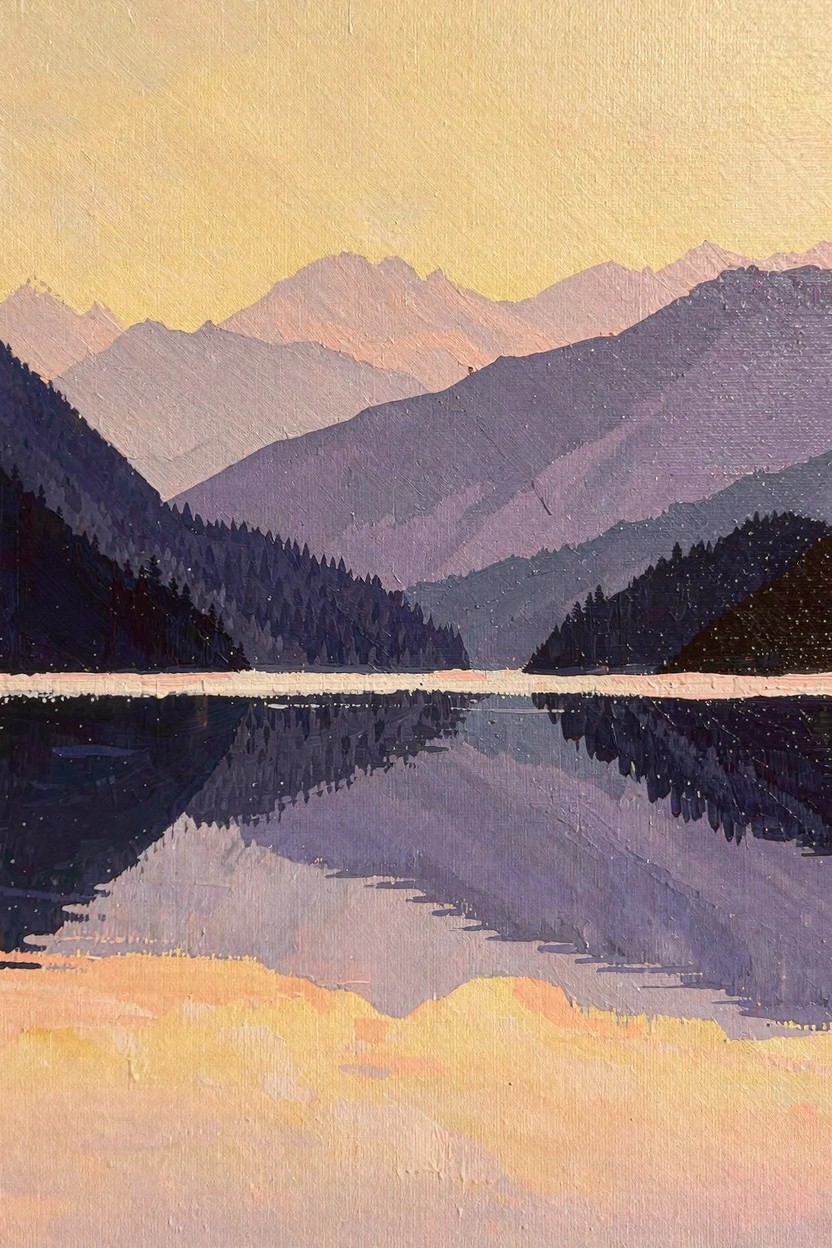 Oil painting of purple layered mountains and dark fir forests reflected symmetrically in a calm lake beneath a warm yellow sky.