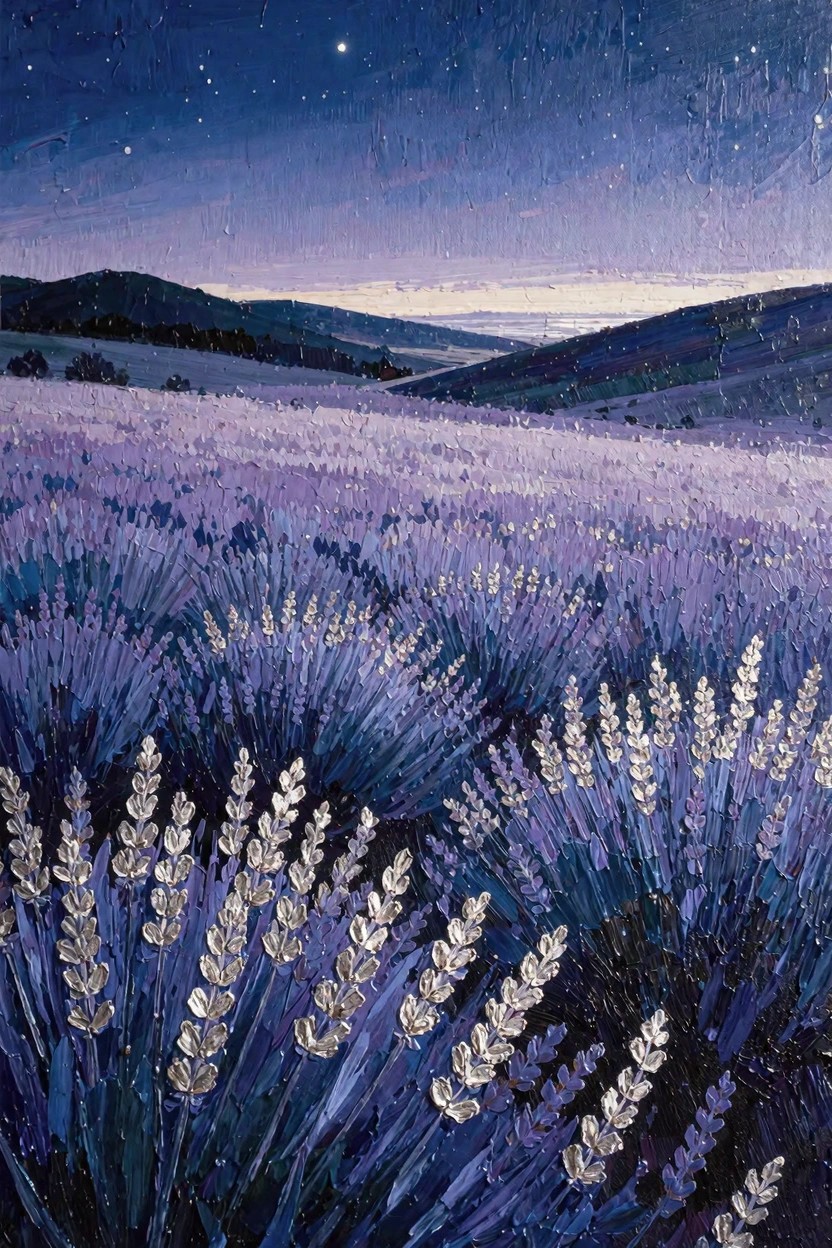Oil painting of purple lavender fields in foreground and midground under a starry blue night sky with moon, rolling dark hills, and distant horizon.