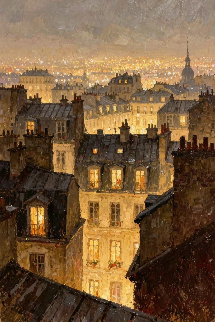 Oil painting of Paris rooftops at twilight from above, showing dark roofs, glowing windows, chimneys, and distant lit city skyline with dome.