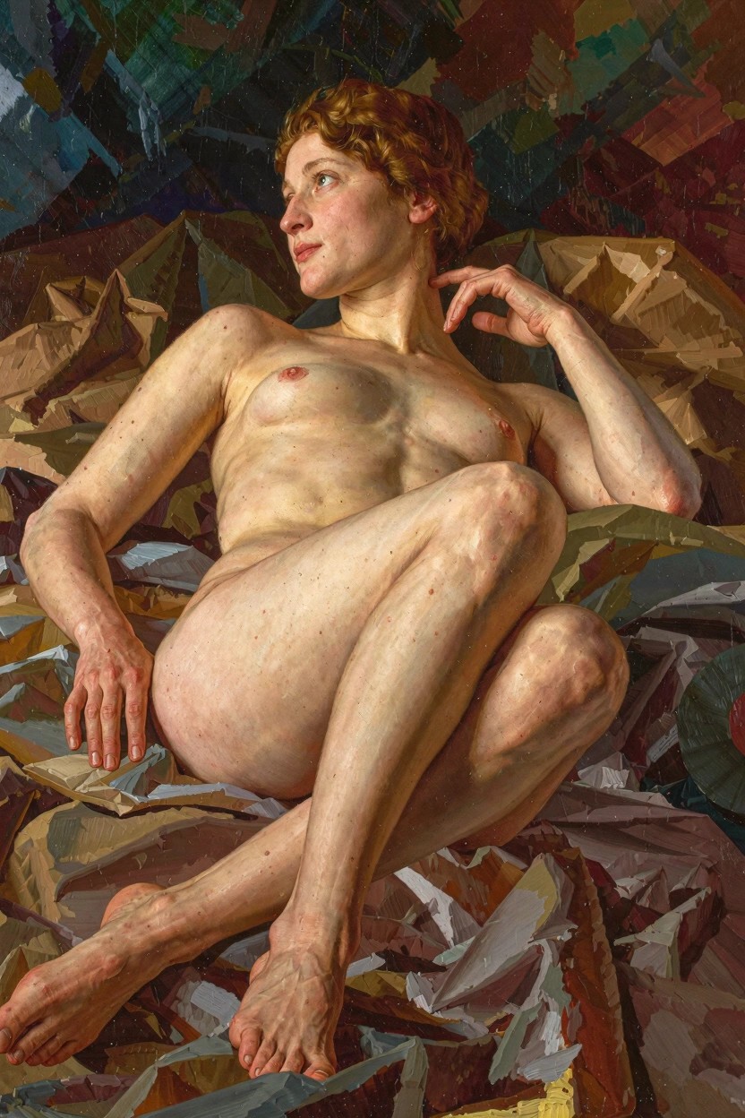 Oil painting of a red-haired nude woman with freckles reclining pensively on folded, multicolored fabrics and papers.