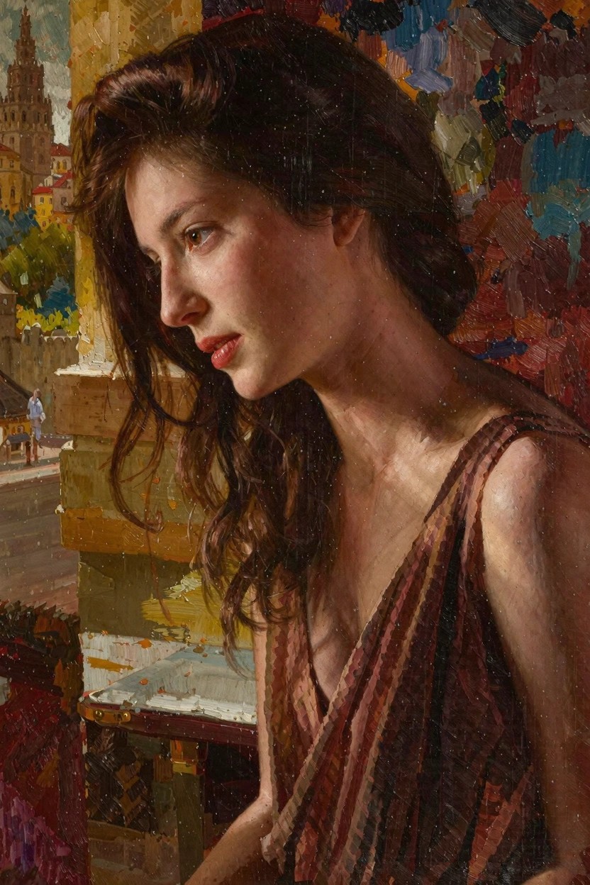 Oil painting of a woman in side profile on a balcony, looking toward a colorful medieval tower and townscape.