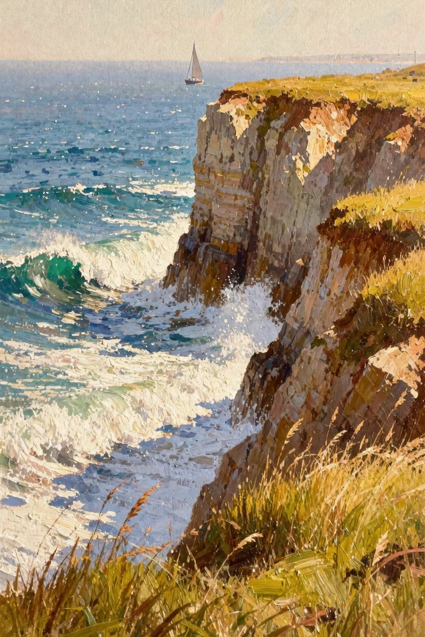Oil painting of coastal cliffs with crashing waves below, distant sailboat on blue sea, and foreground grass under warm light.