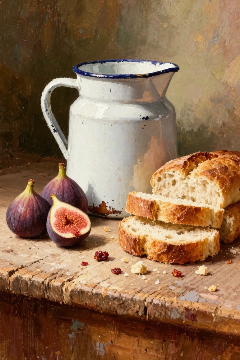 Oil painting still life of sliced white bread, purple figs including one cut open, white enamel jug with blue rim, red berries, and crumbs on a wooden table.
