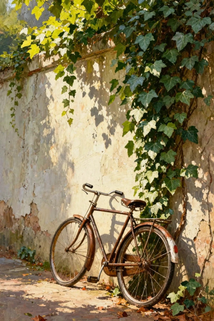 Oil painting of a rusty vintage bicycle leaning against a peeling white wall overgrown with green ivy in sunlight with shadows and autumn leaves on the ground.