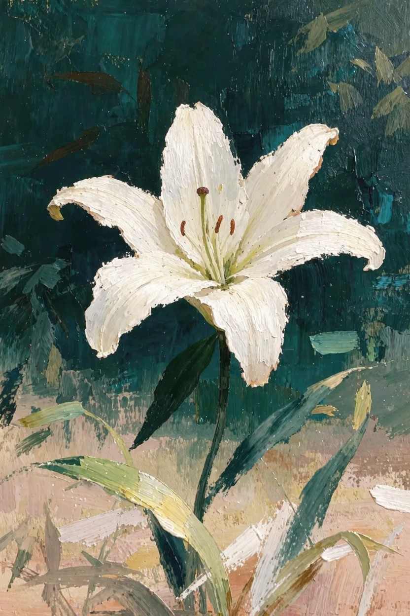 Oil painting of a white lily flower with curved petals, green stems, and leaves against a textured dark green background.
