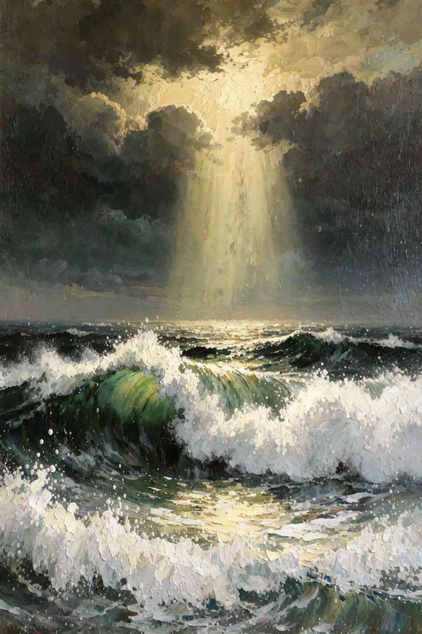 Oil painting depicting dark stormy clouds over crashing ocean waves with a golden light beam breaking through to illuminate the sea.