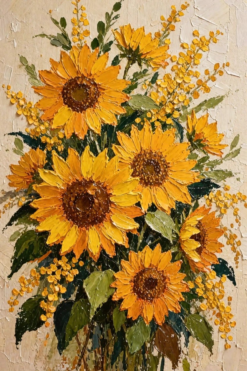 Oil painting of a bouquet of yellow sunflowers mixed with mimosa branches on a textured beige background.