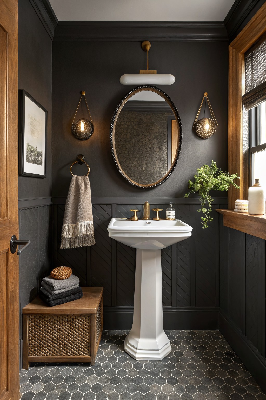 Cozy powder room featuring deep charcoal gray paneled walls, white pedestal sink, gold accents, round mirror, and wood details on black and white hexagon tile floor