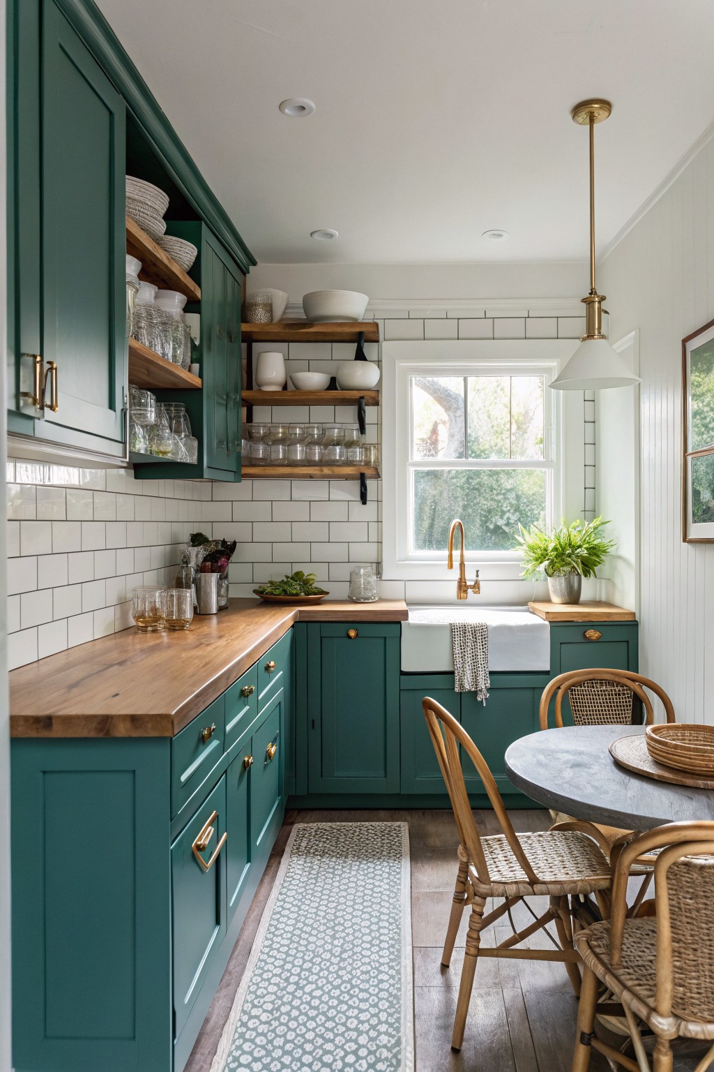 Cozy corner kitchen featuring deep green cabinets, butcher block counters, white subway tile, brass hardware, and rattan chairs around a small round table