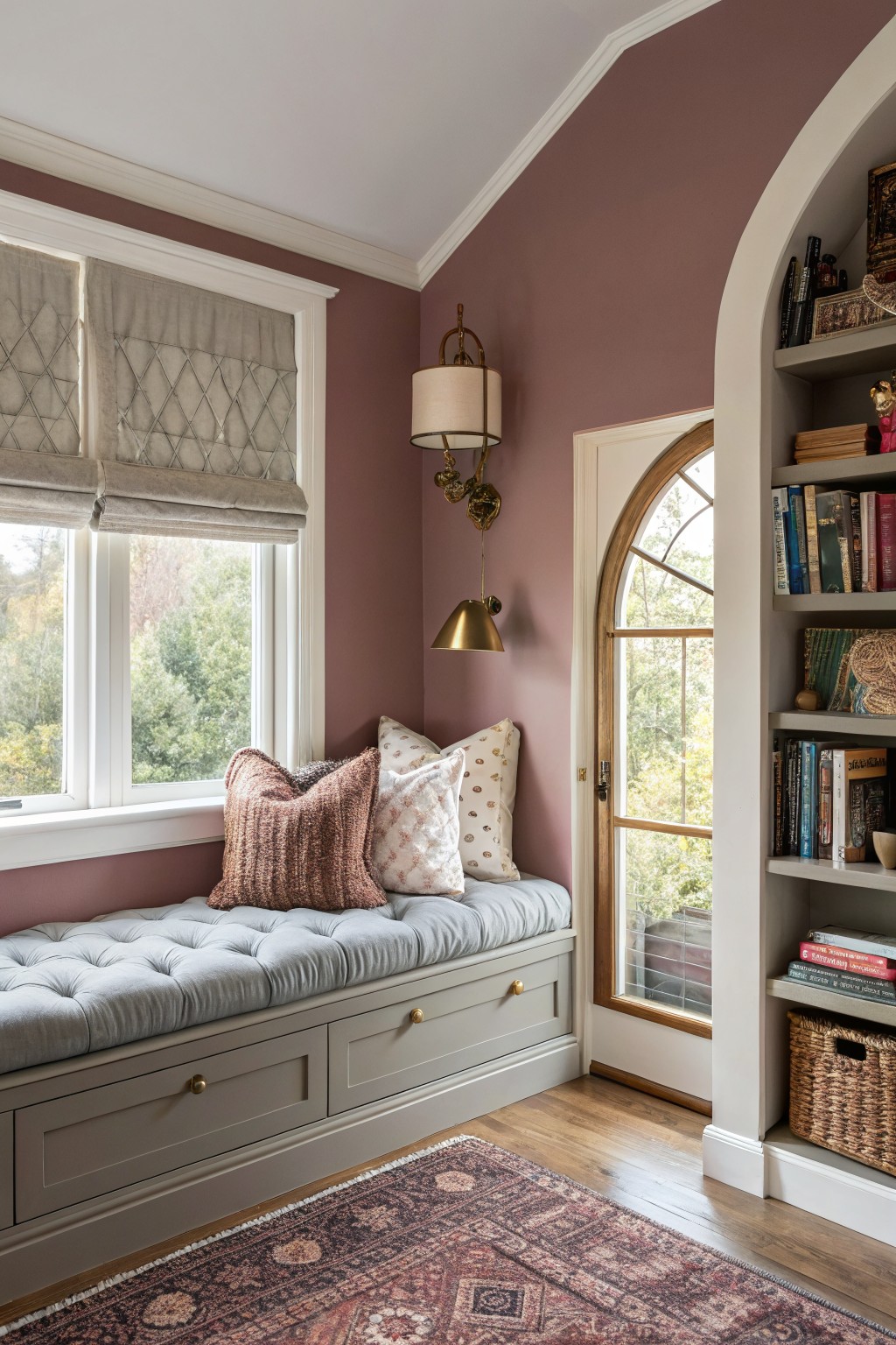 Cozy window seat nook with dusty mauve walls, gray tufted bench, arched bookshelves filled with books, and warm brass lighting