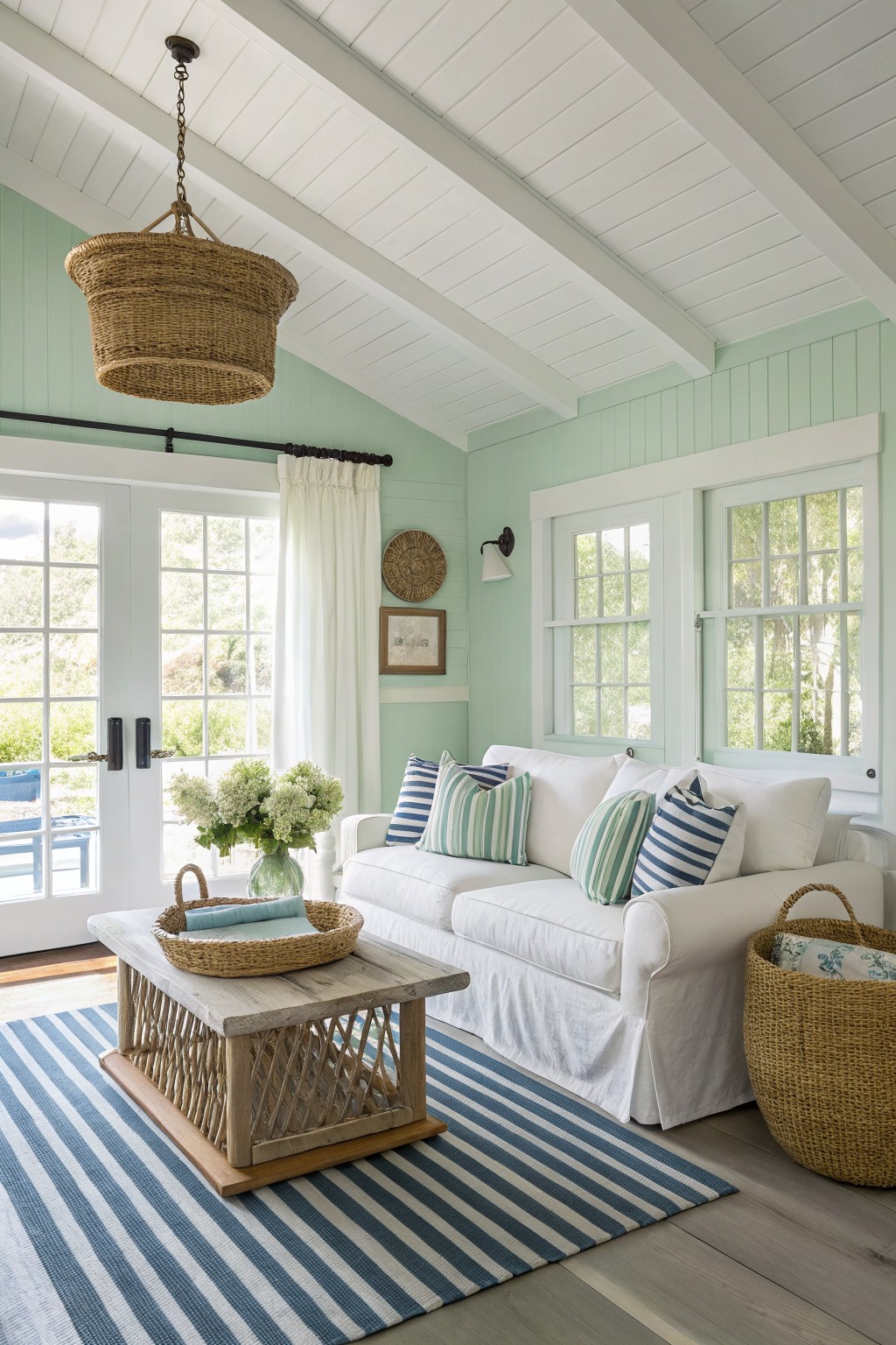 Cozy living room with pale mint green shiplap walls, white slipcovered sofa with nautical pillows, rattan coffee table, woven baskets, and large windows with views of greenery