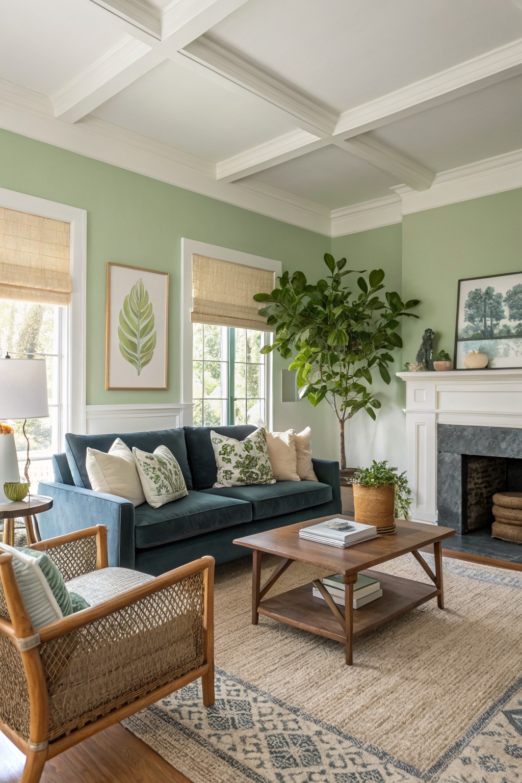 Cozy living room with pale sage green walls, navy velvet sofa, tall fiddle leaf fig plant beside white fireplace, rattan armchair, and wood coffee table on neutral rug