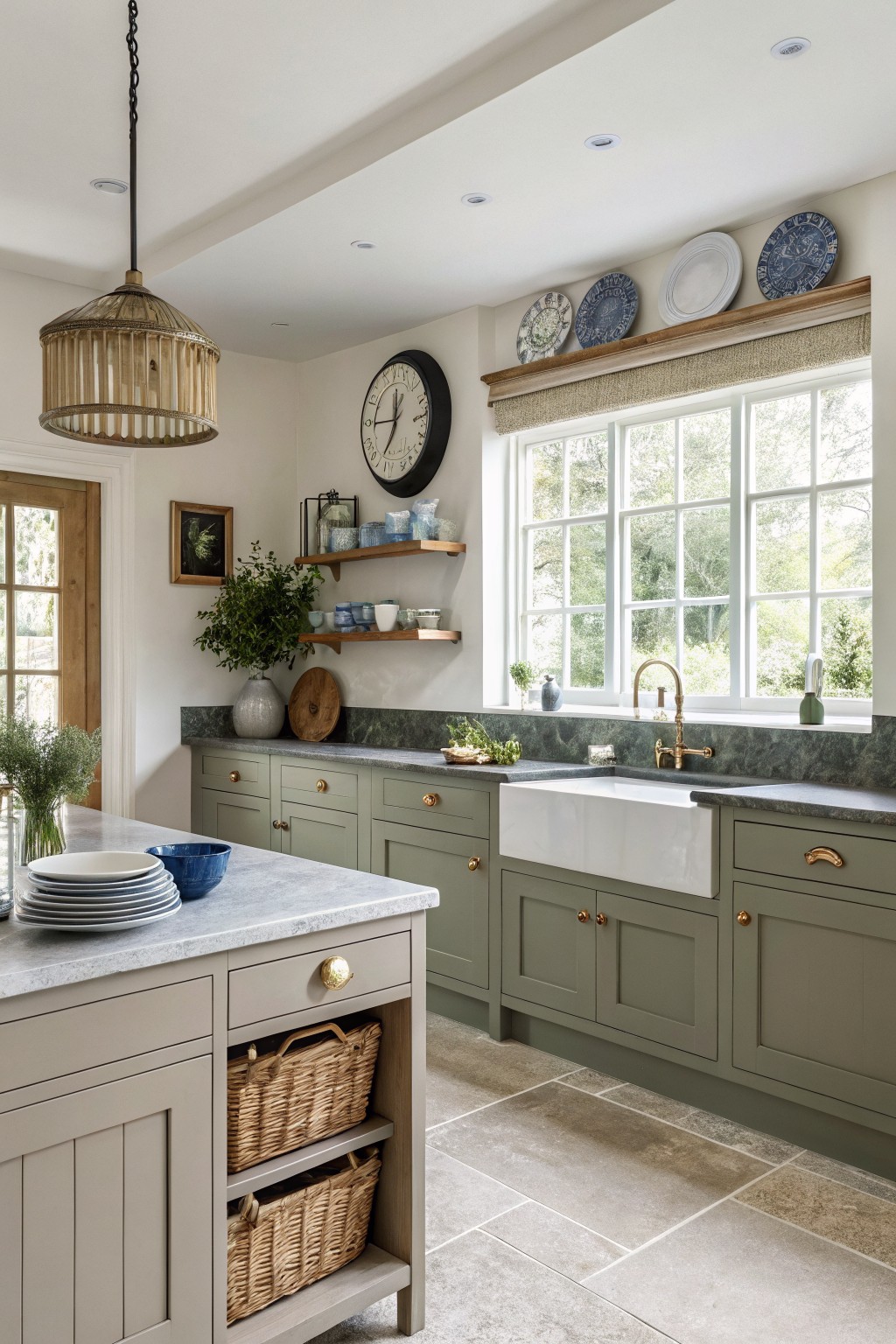 Cozy kitchen with sage green shaker-style cabinets, white farmhouse sink, marble countertops, wooden shelves, and large windows letting in natural light