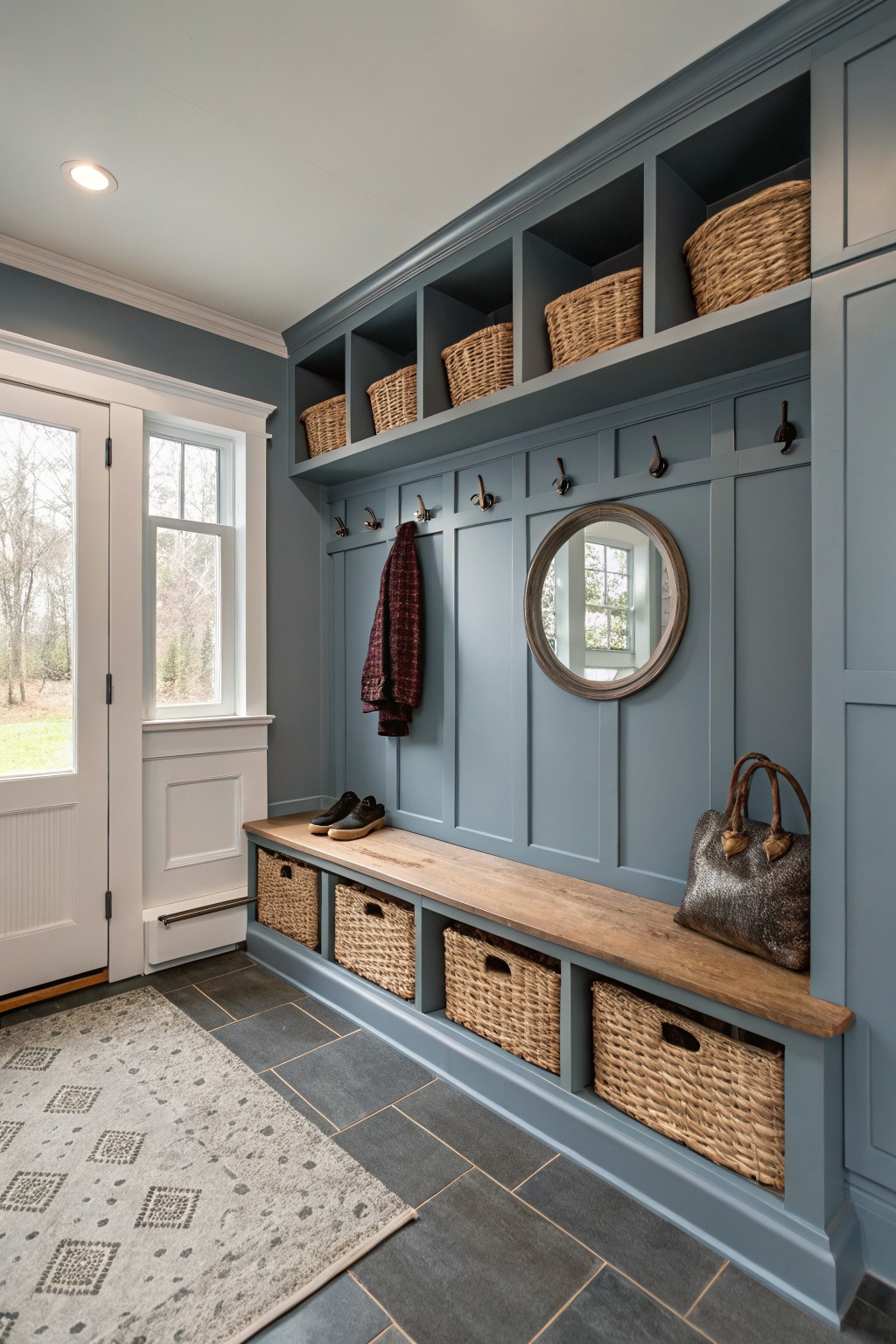 Cozy mudroom with soft blue-gray paneled walls and cabinets, wood bench storage with wicker baskets, coat hooks holding a jacket, round mirror, and slate tile floor near a door with window view