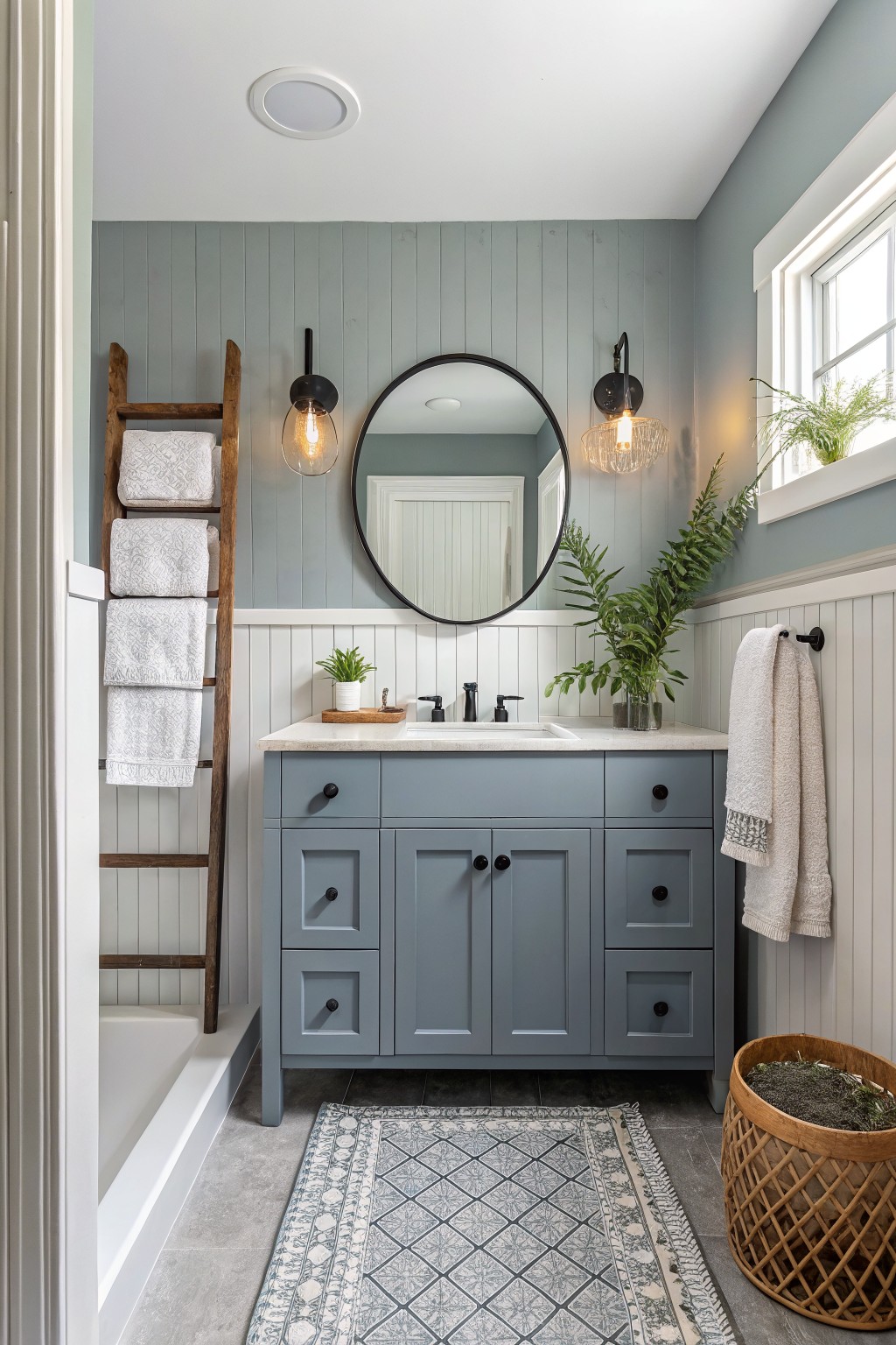 Cozy bathroom with soft blue-gray shiplap walls, wooden towel ladder, navy vanity, round mirror, plants, and rug